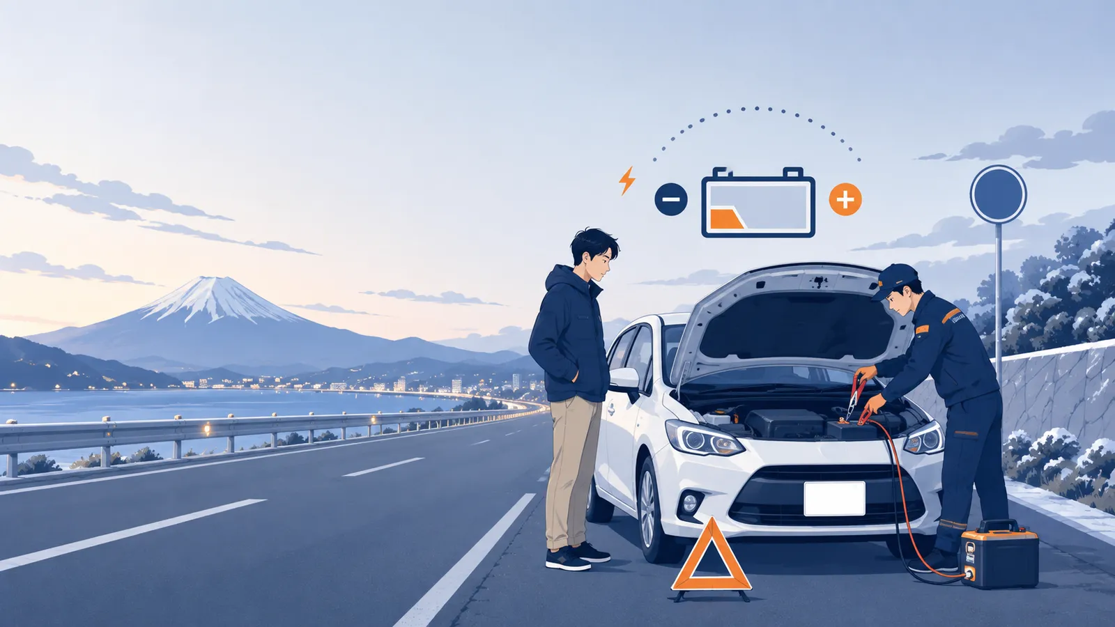 バッテリー上がりの車をブースターケーブルでジャンピングスタート救援する作業スタッフのイラスト