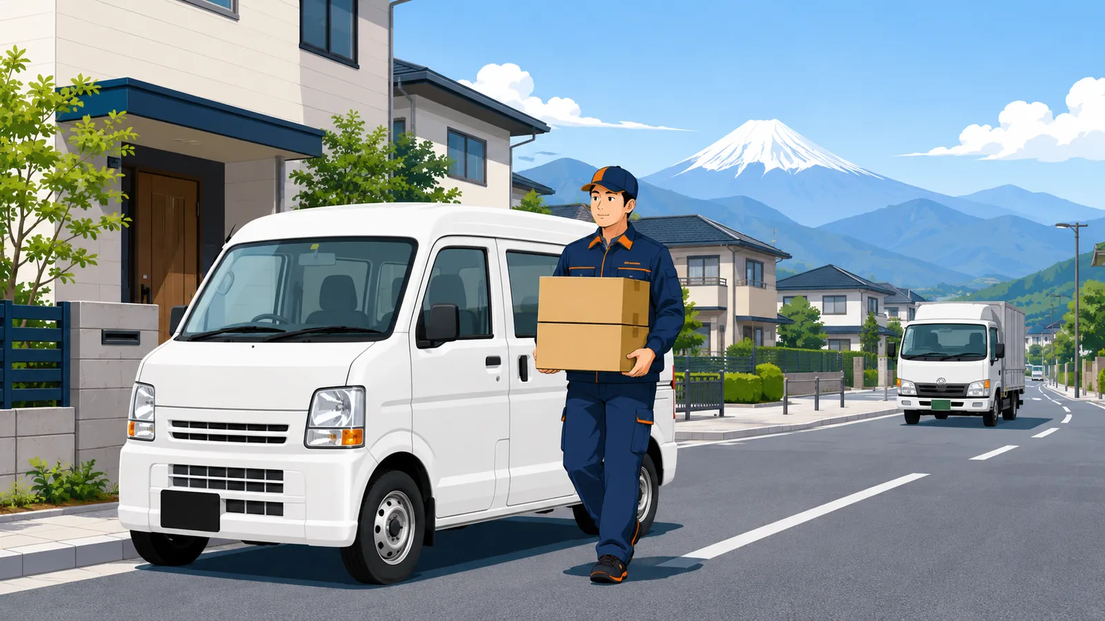 住宅街で荷物を配達する軽貨物ドライバーと黒ナンバーの白い軽バン、後方に緑ナンバーのトラックが走るイラスト