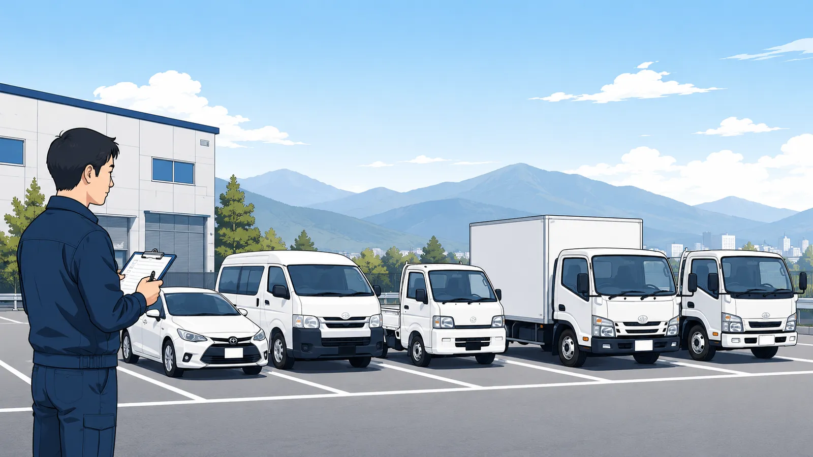 会社の駐車場に整列した社用車・バン・トラックを、クリップボードを持った車両管理者が点検しているイラスト
