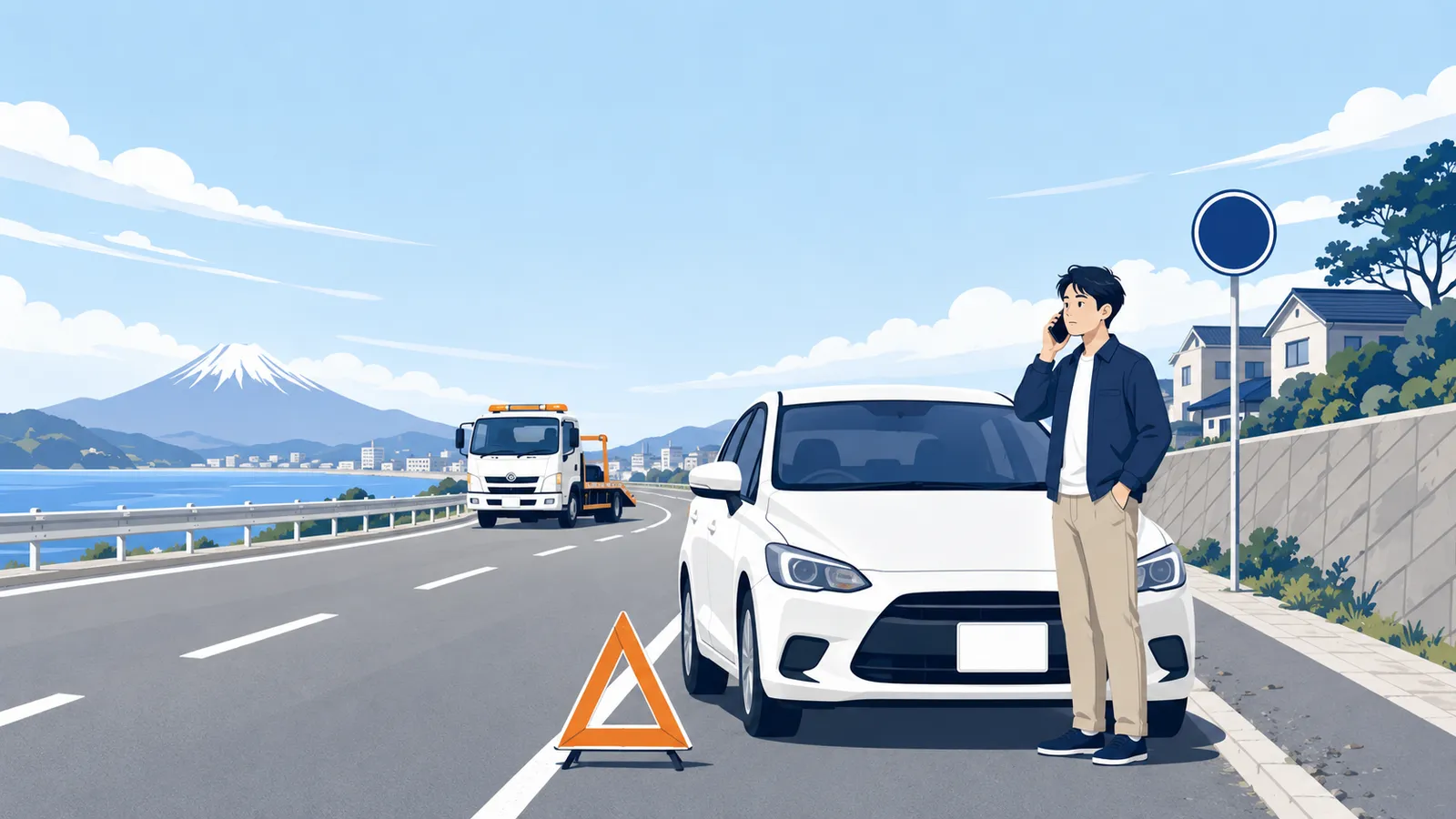 路肩に停めた車のそばでロードサービスに電話する男性と、救援に向かうレッカー車のイラスト