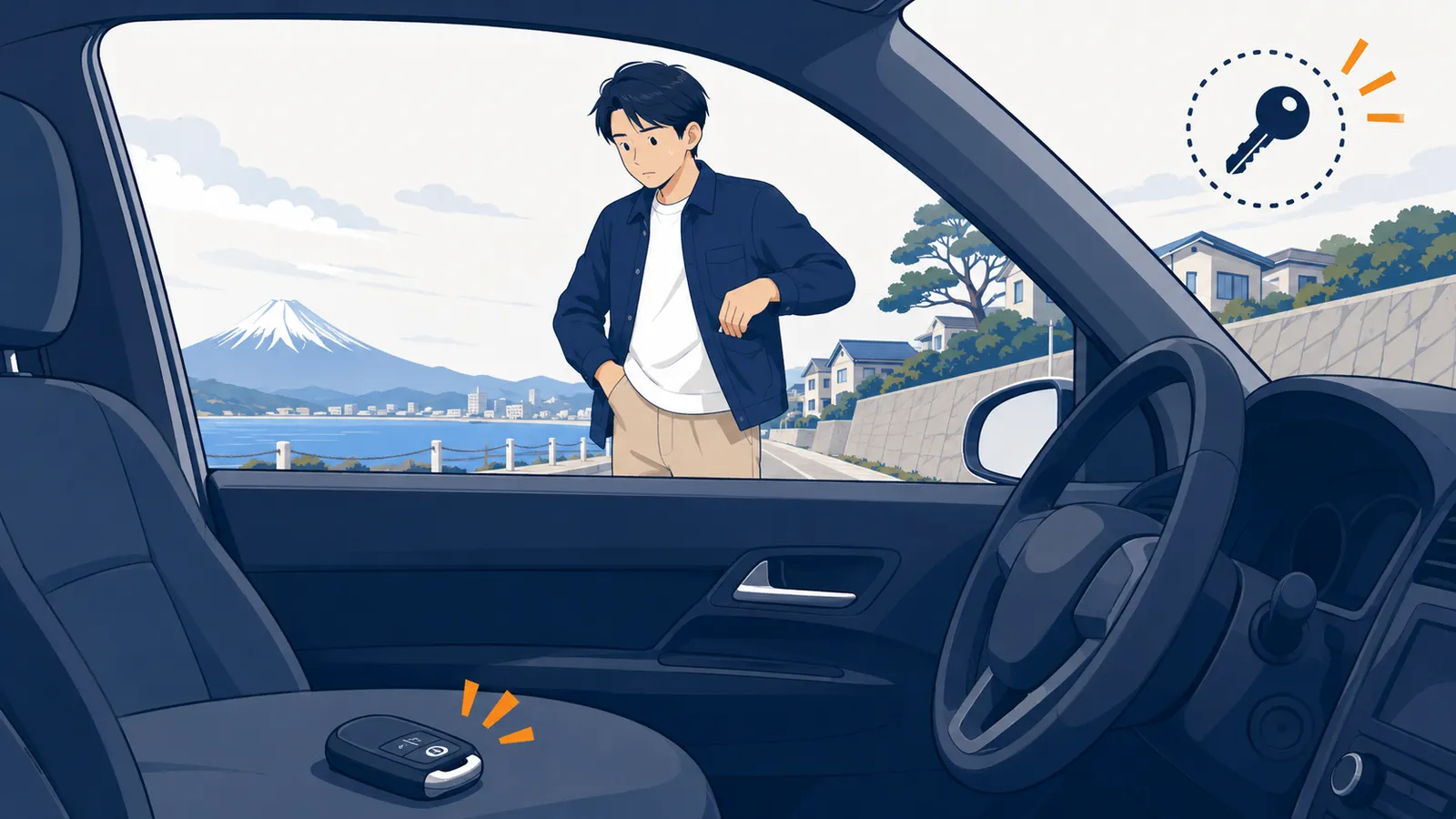 鍵を車内に閉じ込めてしまいドアの外で困っている人と、車内に残された車の鍵のイラスト