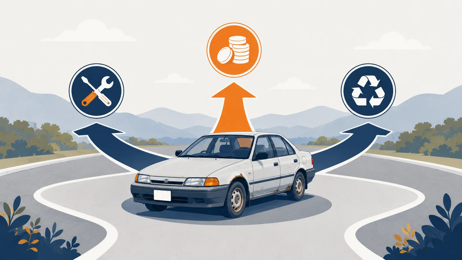 動かなくなった古い車の前に修理・売却・廃車の3つの選択肢が分かれるイメージイラスト