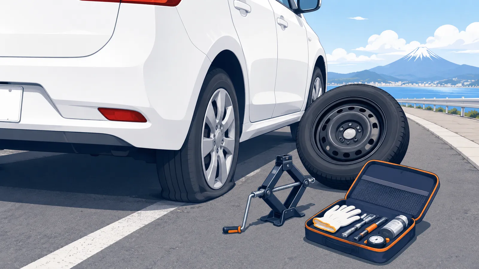 パンクした車のタイヤと、交換用のスペアタイヤ・ジャッキ・修理工具のイラスト