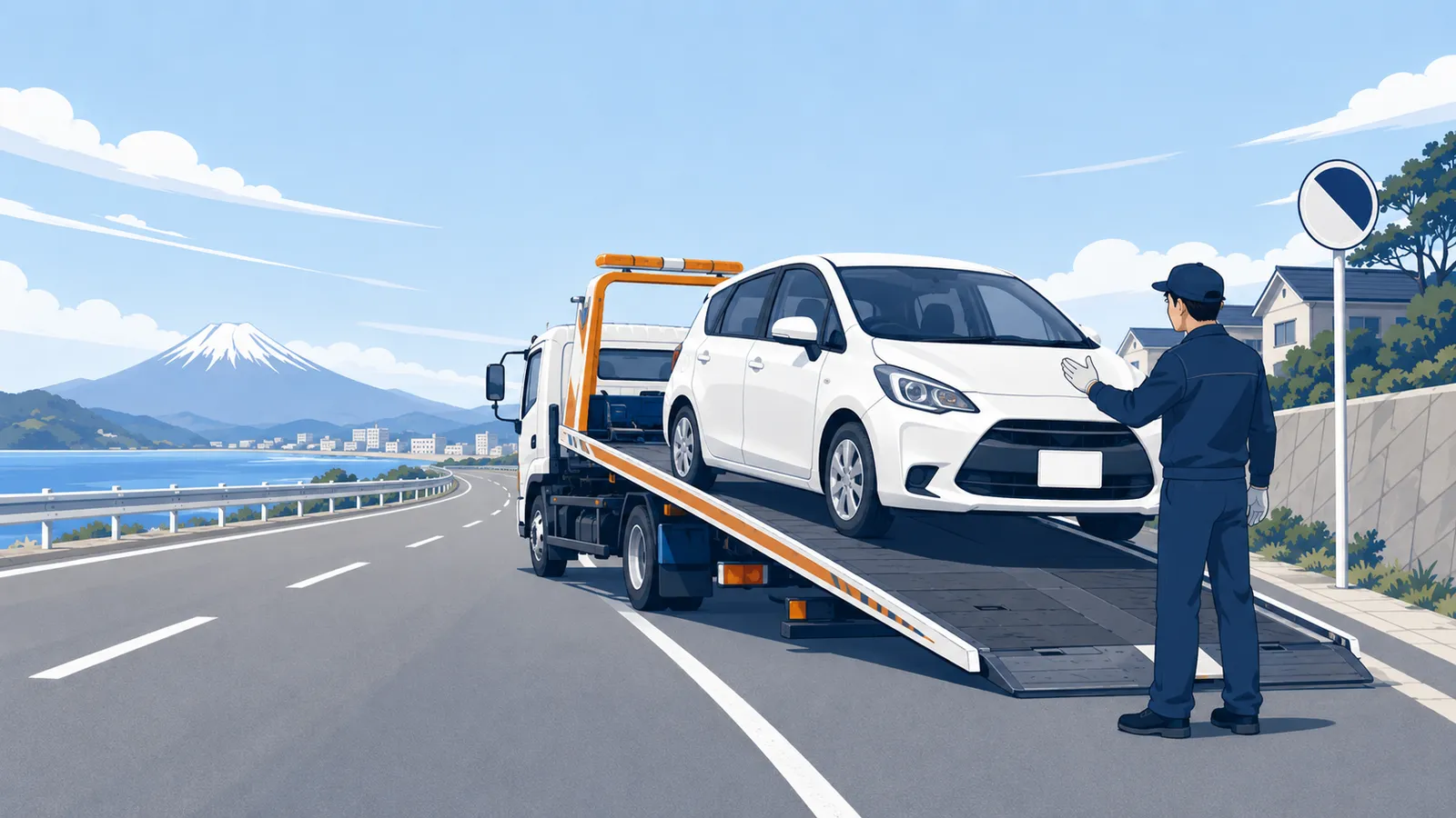 故障した車を積載車（キャリアカー）に載せて搬送するロードサービスのイラスト